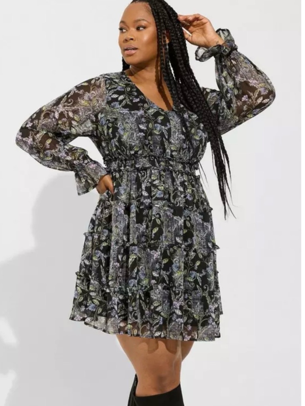 Torrid 2 floral tiered mini dress long sheer sleeve women’s 2x 2xl